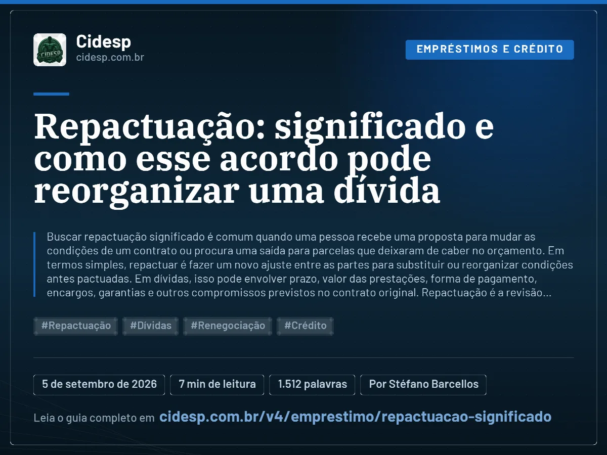 Cartão do artigo “Repactuação: significado e como esse acordo pode reorganizar uma dívida”, com resumo, data de publicação e endereço da página.