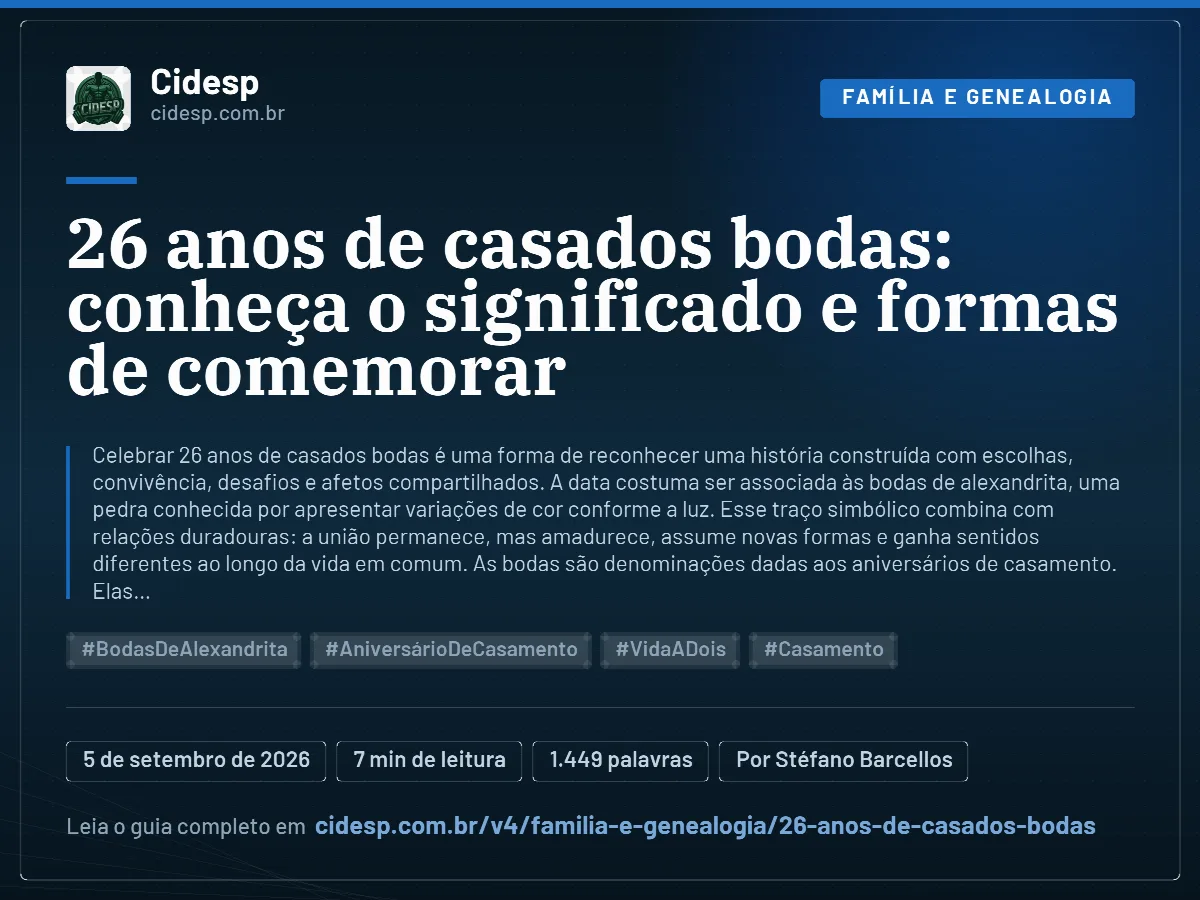 Cartão do artigo “26 anos de casados bodas: conheça o significado e formas de comemorar”, com resumo, data de publicação e endereço da página.