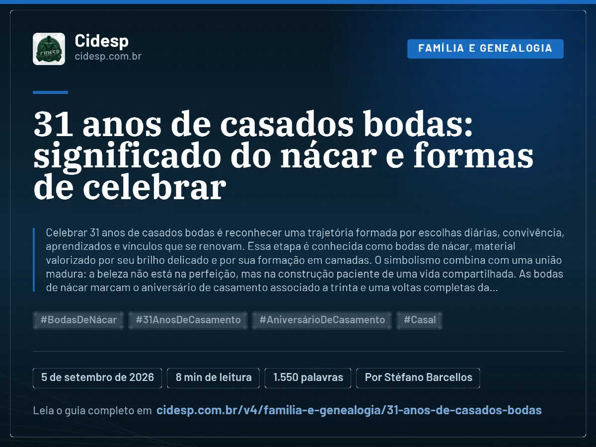 Cartão do artigo “31 anos de casados bodas: significado do nácar e formas de celebrar”, com resumo, data de publicação e endereço da página.