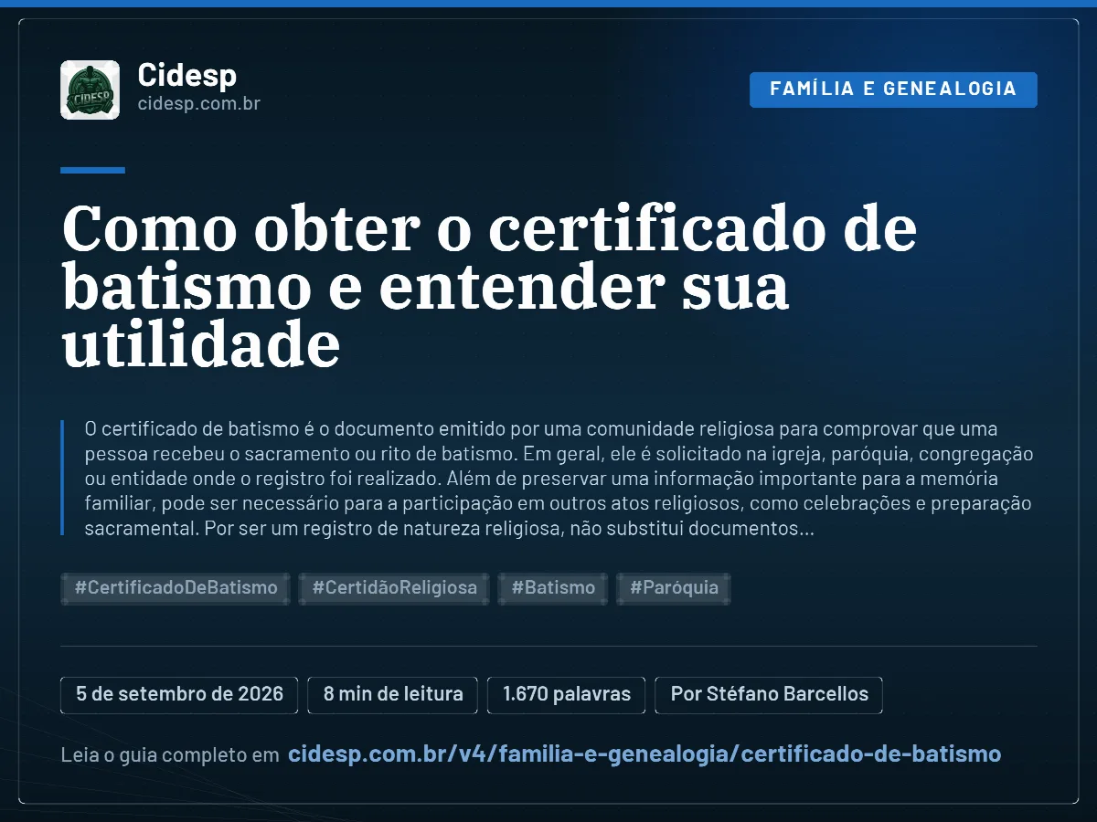 Cartão do artigo “Como obter o certificado de batismo e entender sua utilidade”, com resumo, data de publicação e endereço da página.