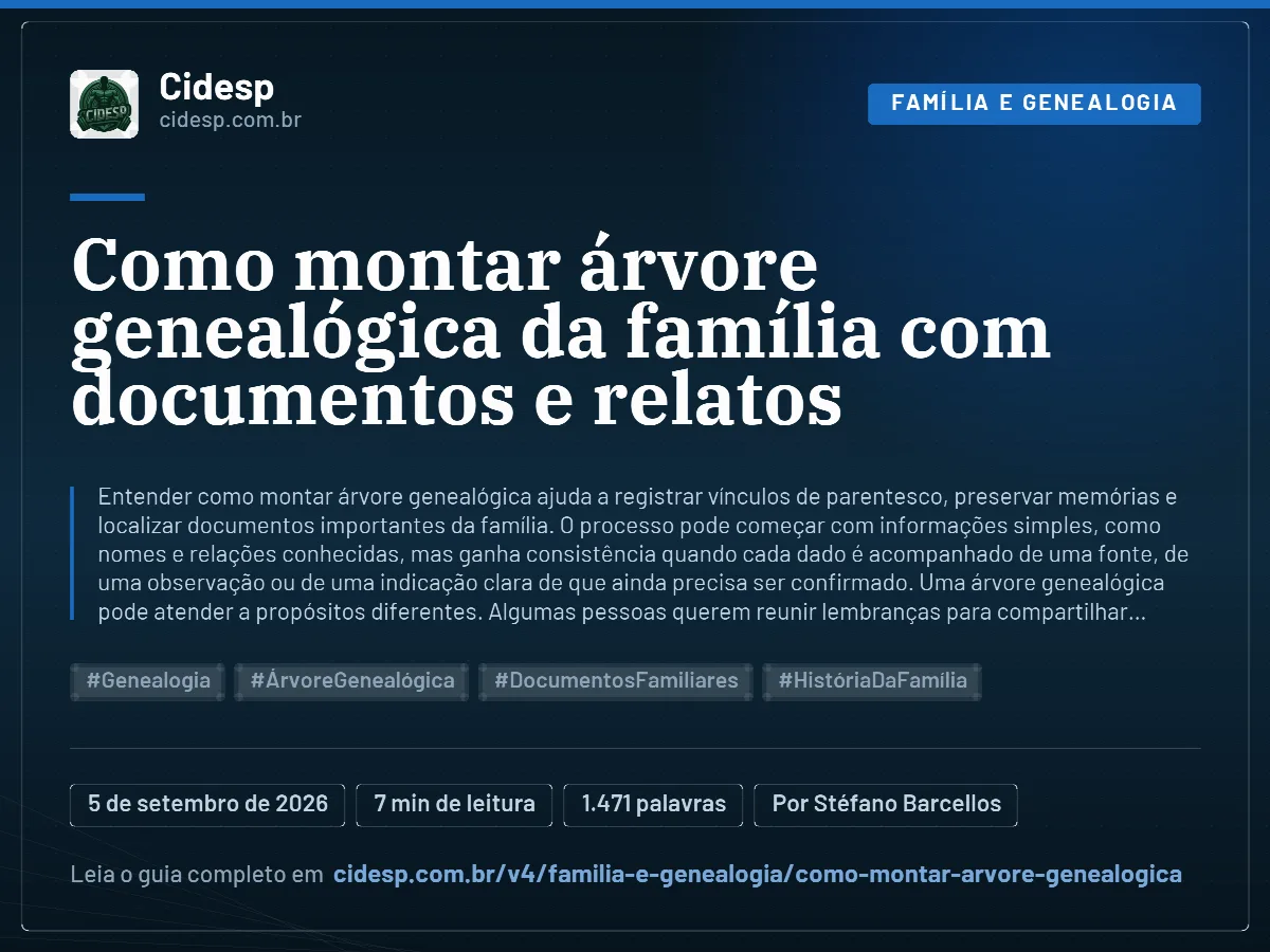 Cartão do artigo “Como montar árvore genealógica da família com documentos e relatos”, com resumo, data de publicação e endereço da página.