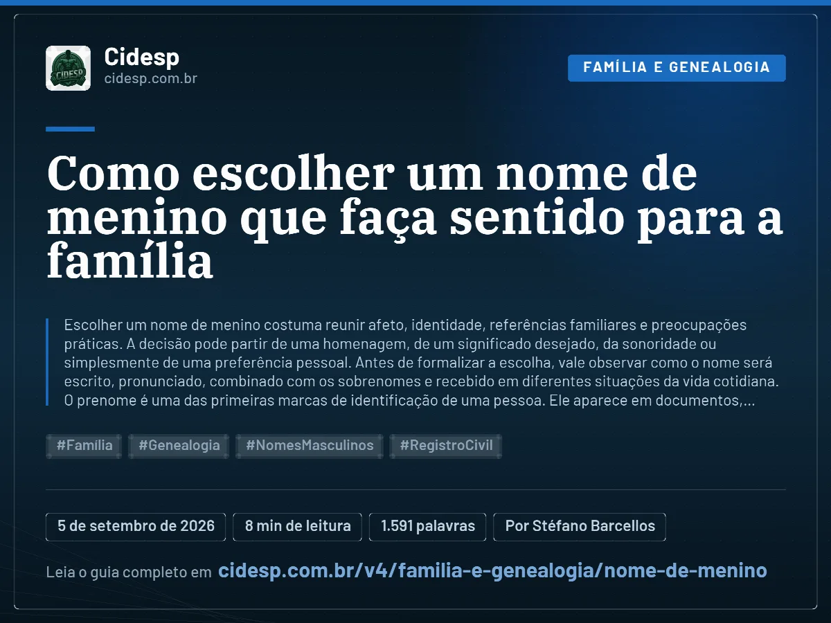 Cartão do artigo “Como escolher um nome de menino que faça sentido para a família”, com resumo, data de publicação e endereço da página.