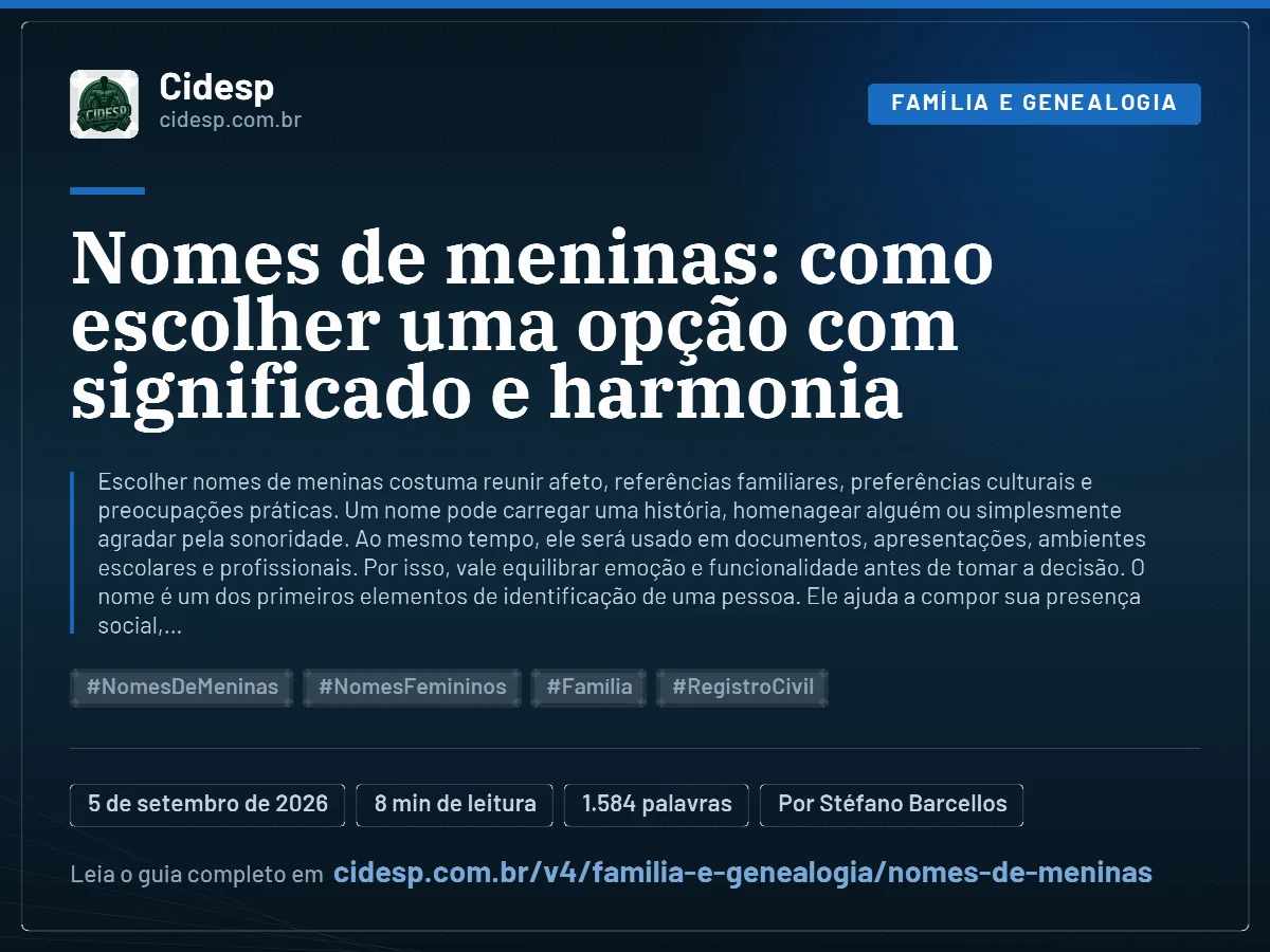 Cartão do artigo “Nomes de meninas: como escolher uma opção com significado e harmonia”, com resumo, data de publicação e endereço da página.