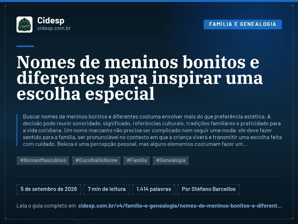 Cartão do artigo “Nomes de meninos bonitos e diferentes para inspirar uma escolha especial”, com resumo, data de publicação e endereço da página.