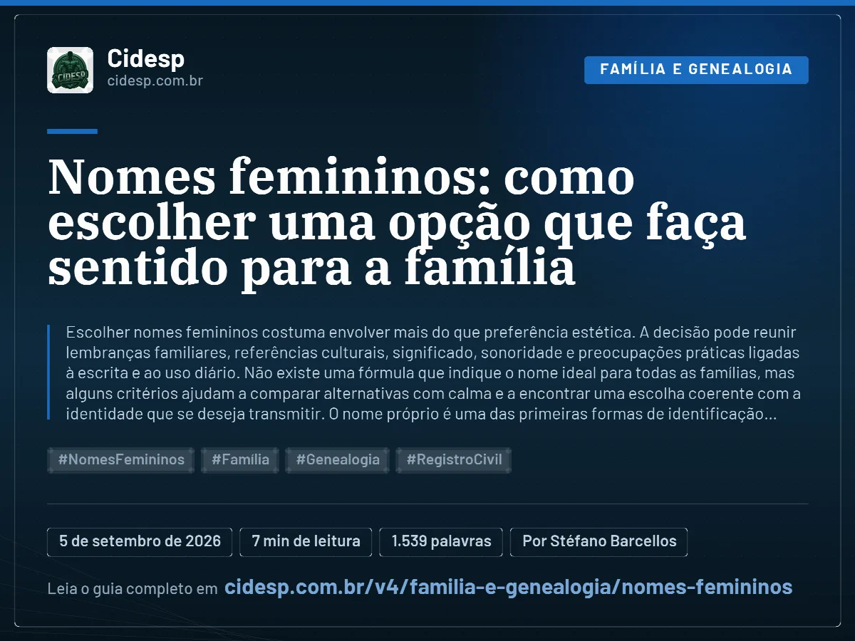 Cartão do artigo “Nomes femininos: como escolher uma opção que faça sentido para a família”, com resumo, data de publicação e endereço da página.
