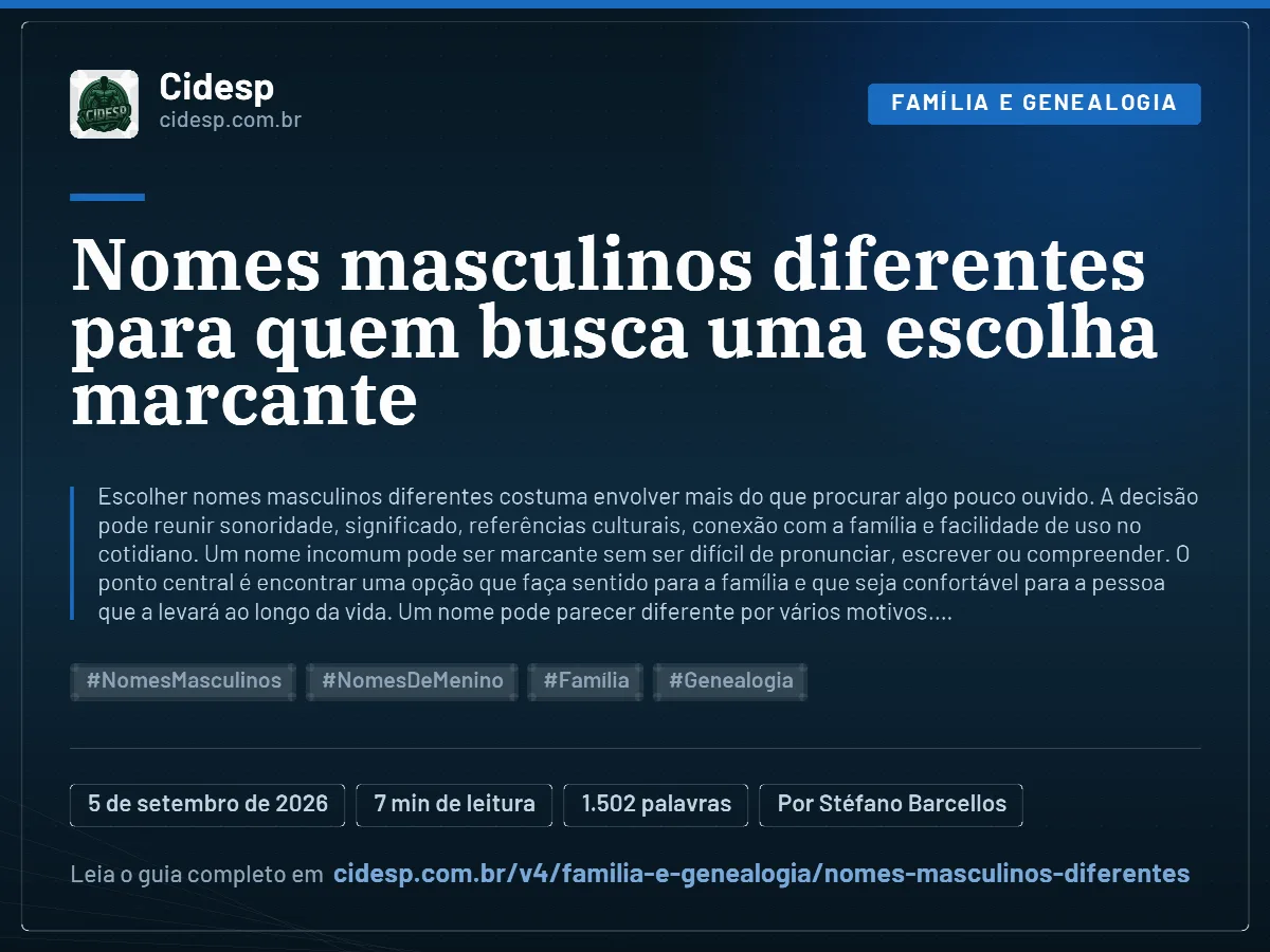 Cartão do artigo “Nomes masculinos diferentes para quem busca uma escolha marcante”, com resumo, data de publicação e endereço da página.