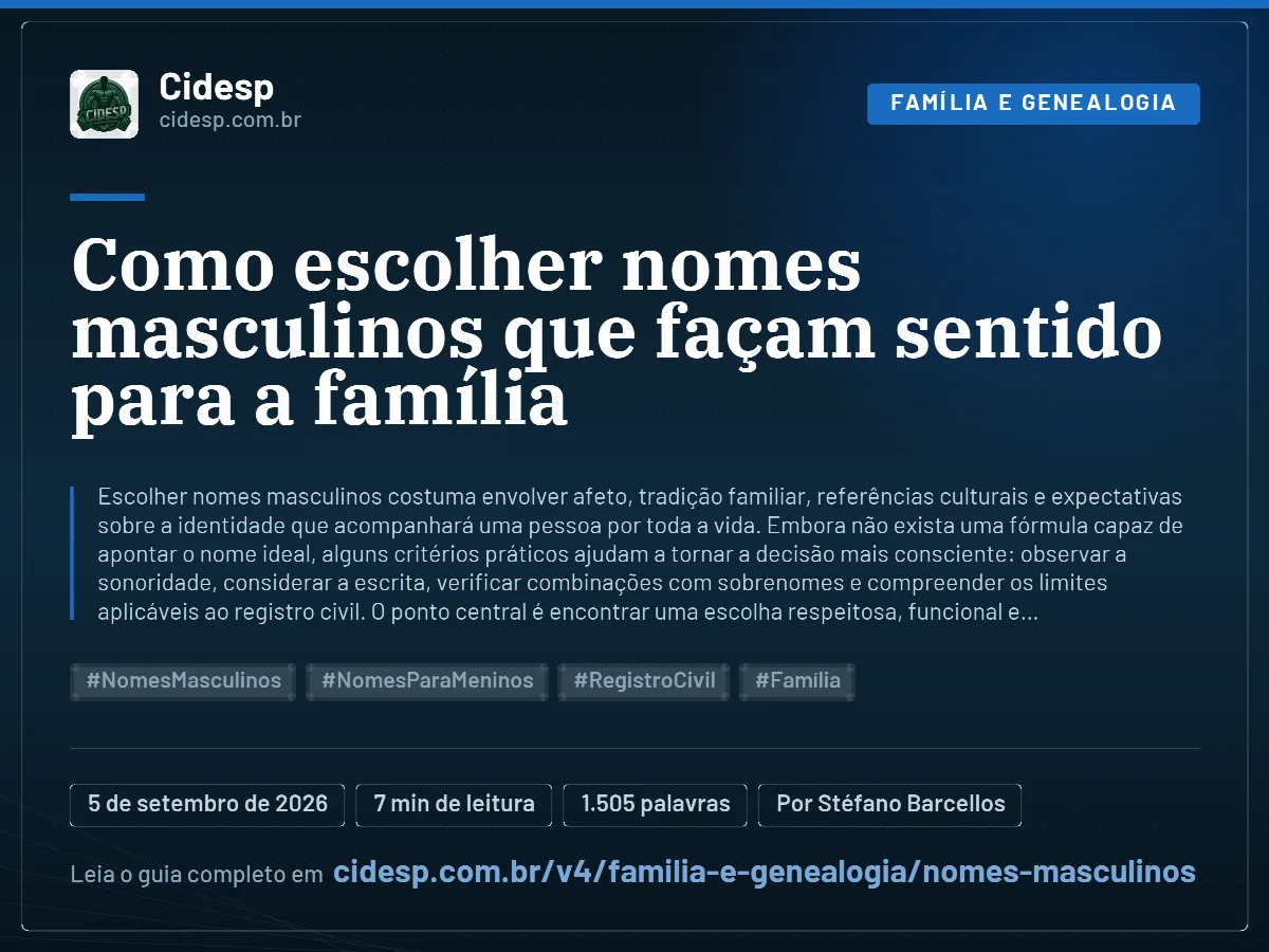Cartão do artigo “Como escolher nomes masculinos que façam sentido para a família”, com resumo, data de publicação e endereço da página.