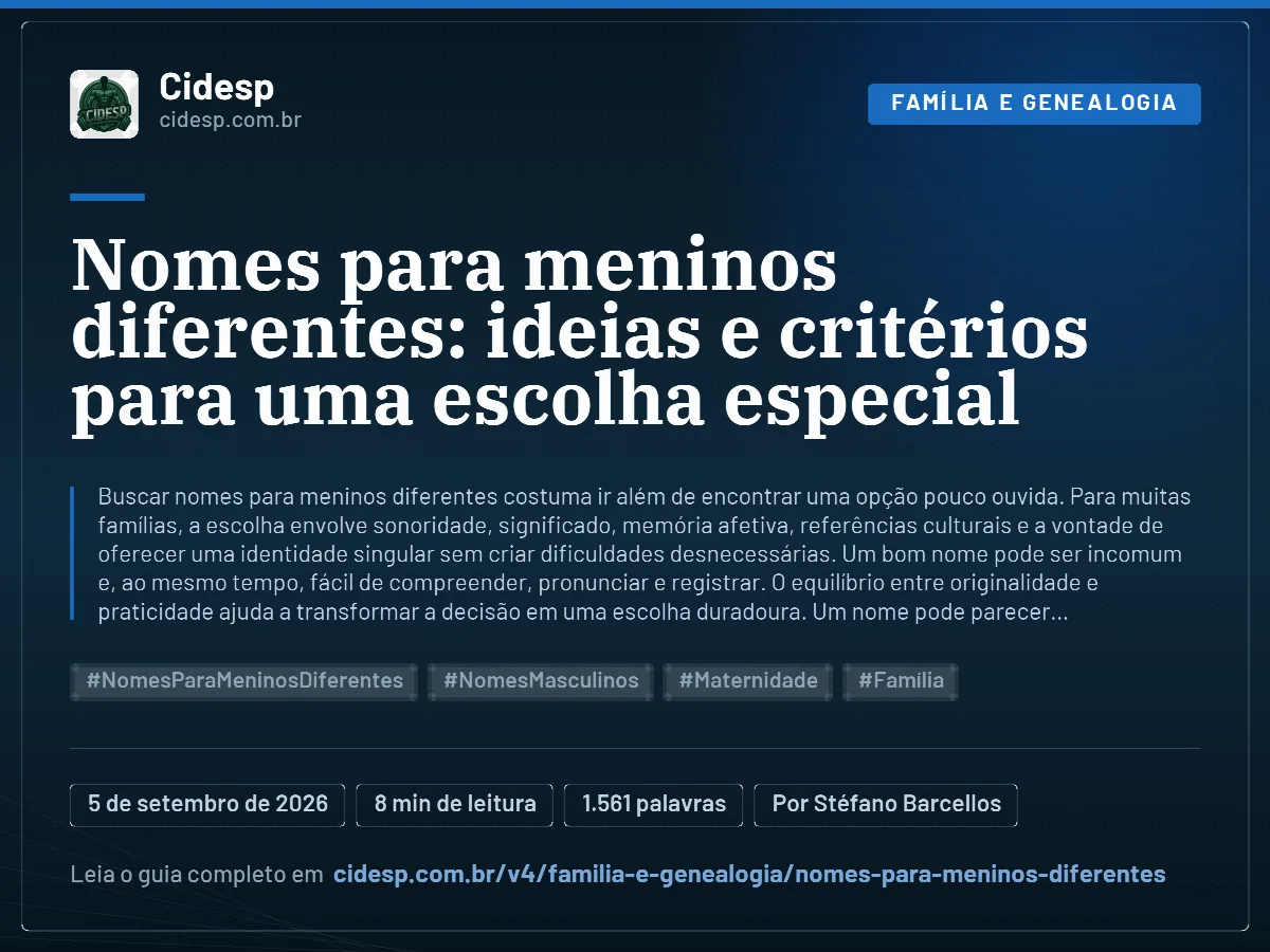 Cartão do artigo “Nomes para meninos diferentes: ideias e critérios para uma escolha especial”, com resumo, data de publicação e endereço da página.