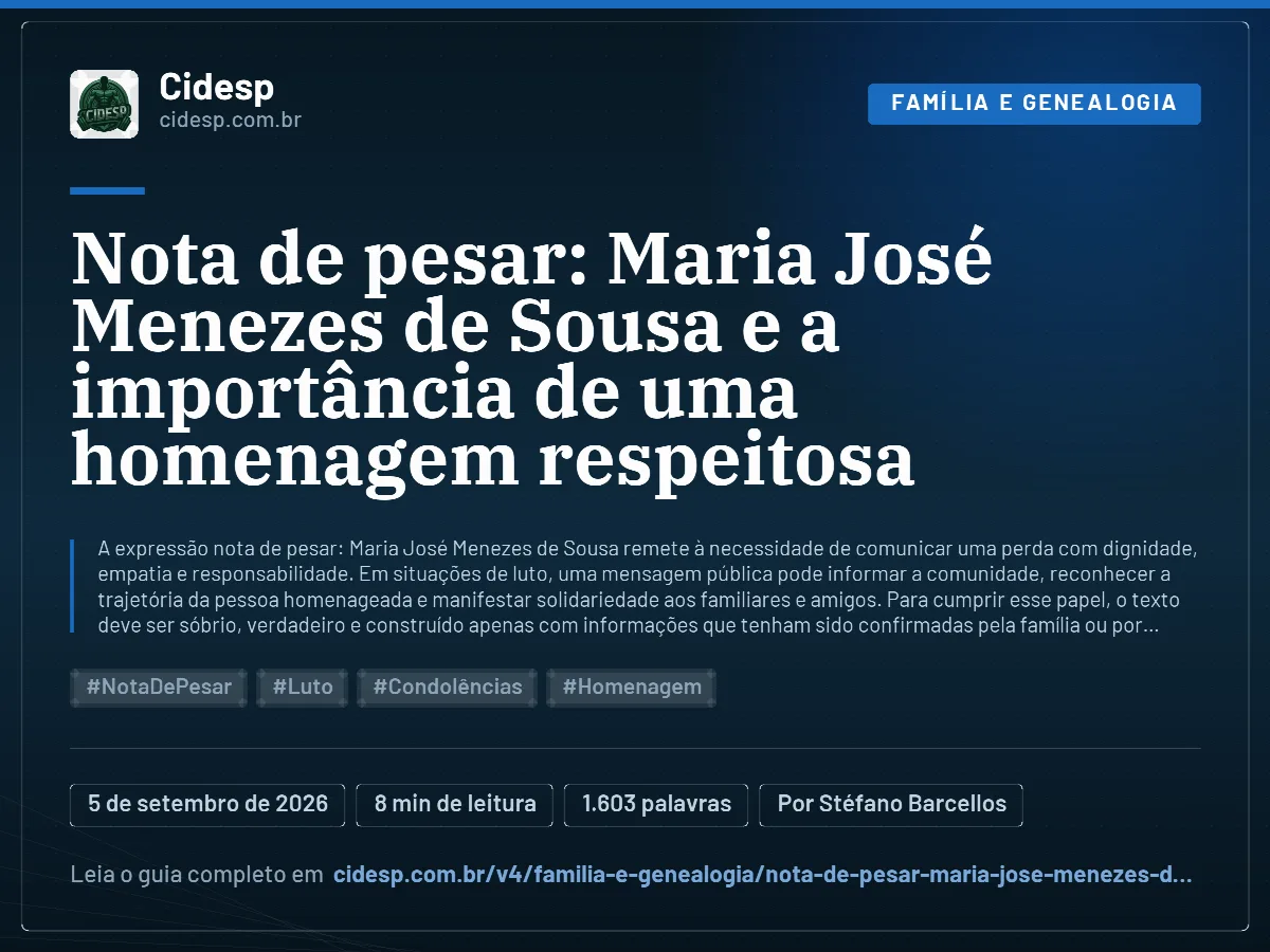 Cartão do artigo “Nota de pesar: Maria José Menezes de Sousa e a importância de uma homenagem respeitosa”, com resumo, data de publicação e endereço da página.