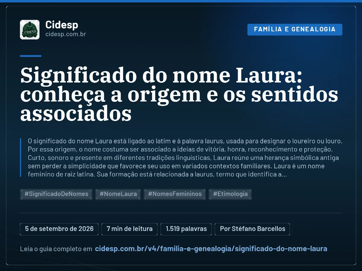 Cartão do artigo “Significado do nome Laura: conheça a origem e os sentidos associados”, com resumo, data de publicação e endereço da página.