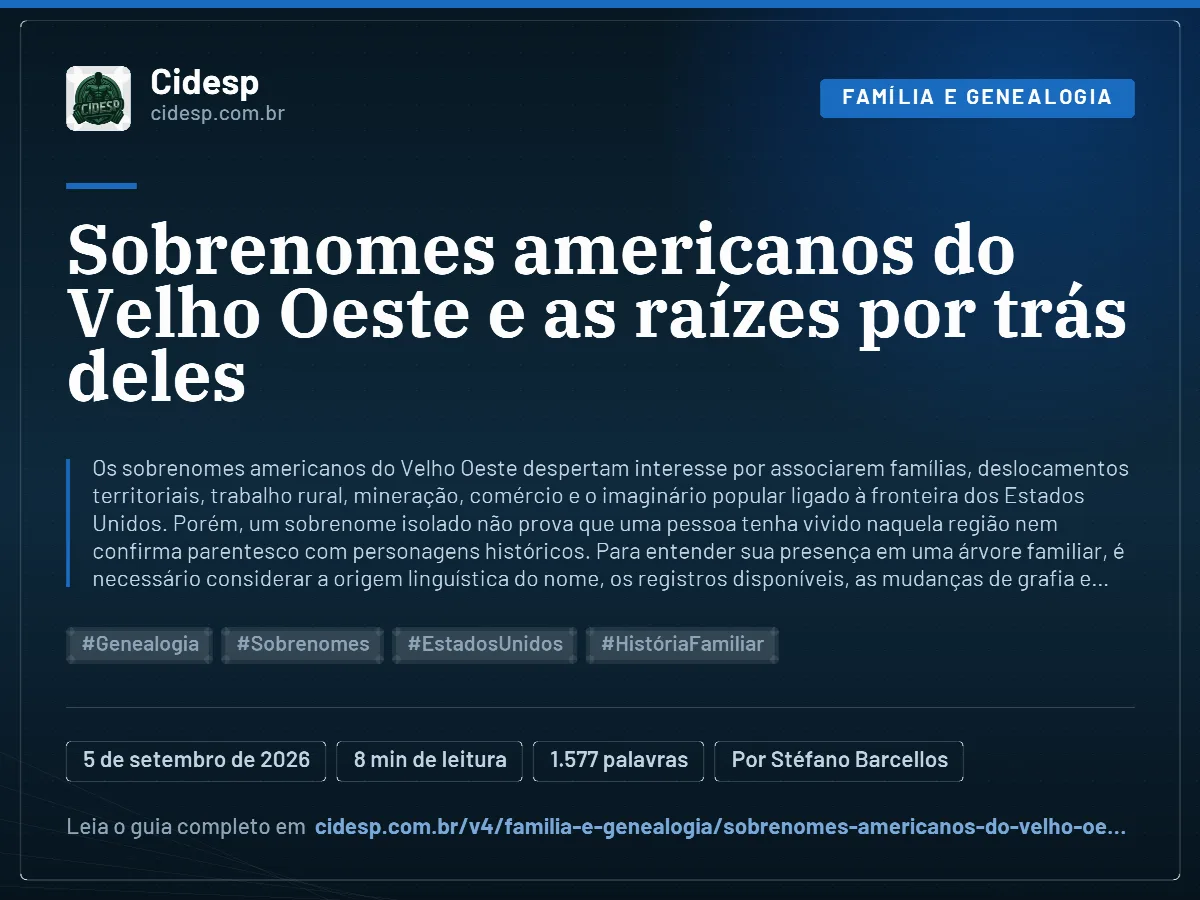 Cartão do artigo “Sobrenomes americanos do Velho Oeste e as raízes por trás deles”, com resumo, data de publicação e endereço da página.