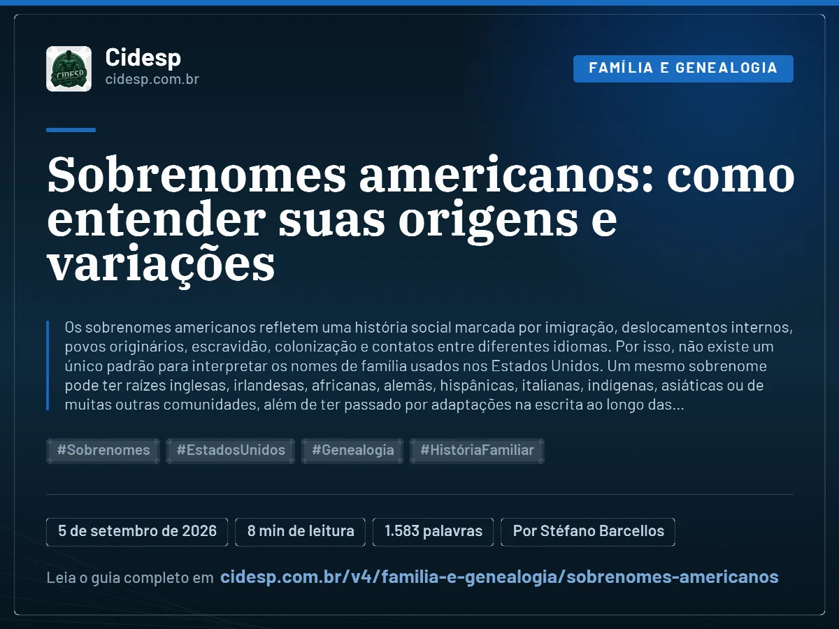 Cartão do artigo “Sobrenomes americanos: como entender suas origens e variações”, com resumo, data de publicação e endereço da página.