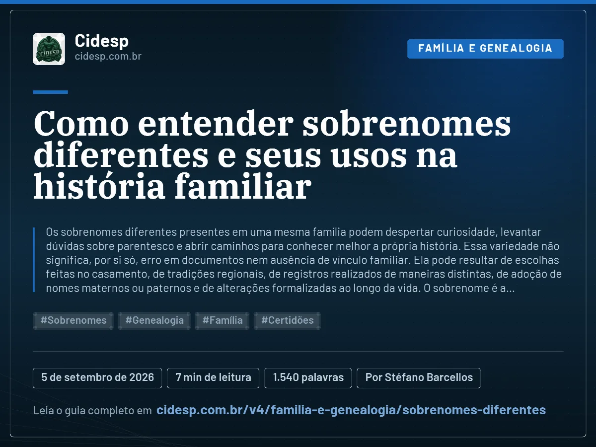 Cartão do artigo “Como entender sobrenomes diferentes e seus usos na história familiar”, com resumo, data de publicação e endereço da página.