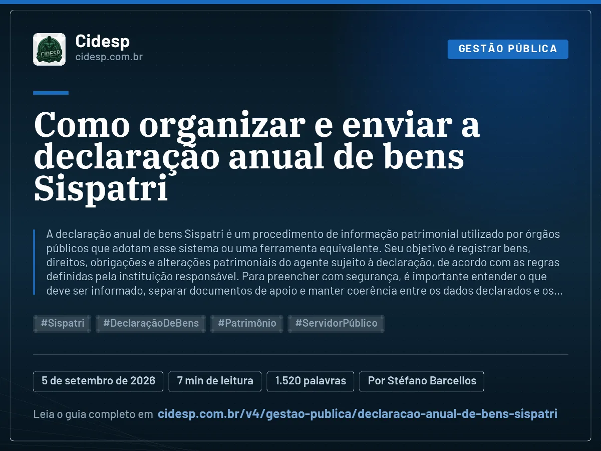 Cartão do artigo “Como organizar e enviar a declaração anual de bens Sispatri”, com resumo, data de publicação e endereço da página.