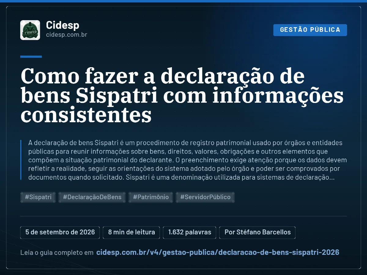 Cartão do artigo “Como fazer a declaração de bens Sispatri com informações consistentes”, com resumo, data de publicação e endereço da página.