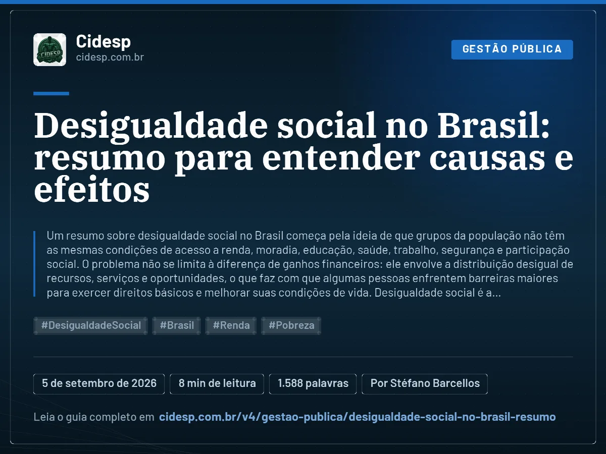 Cartão do artigo “Desigualdade social no Brasil: resumo para entender causas e efeitos”, com resumo, data de publicação e endereço da página.