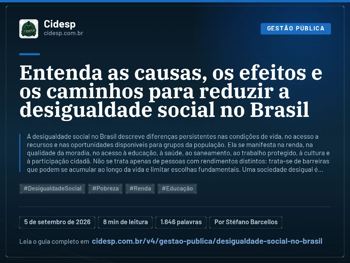 Cartão do artigo “Entenda as causas, os efeitos e os caminhos para reduzir a desigualdade social no Brasil”, com resumo, data de publicação e endereço da página.