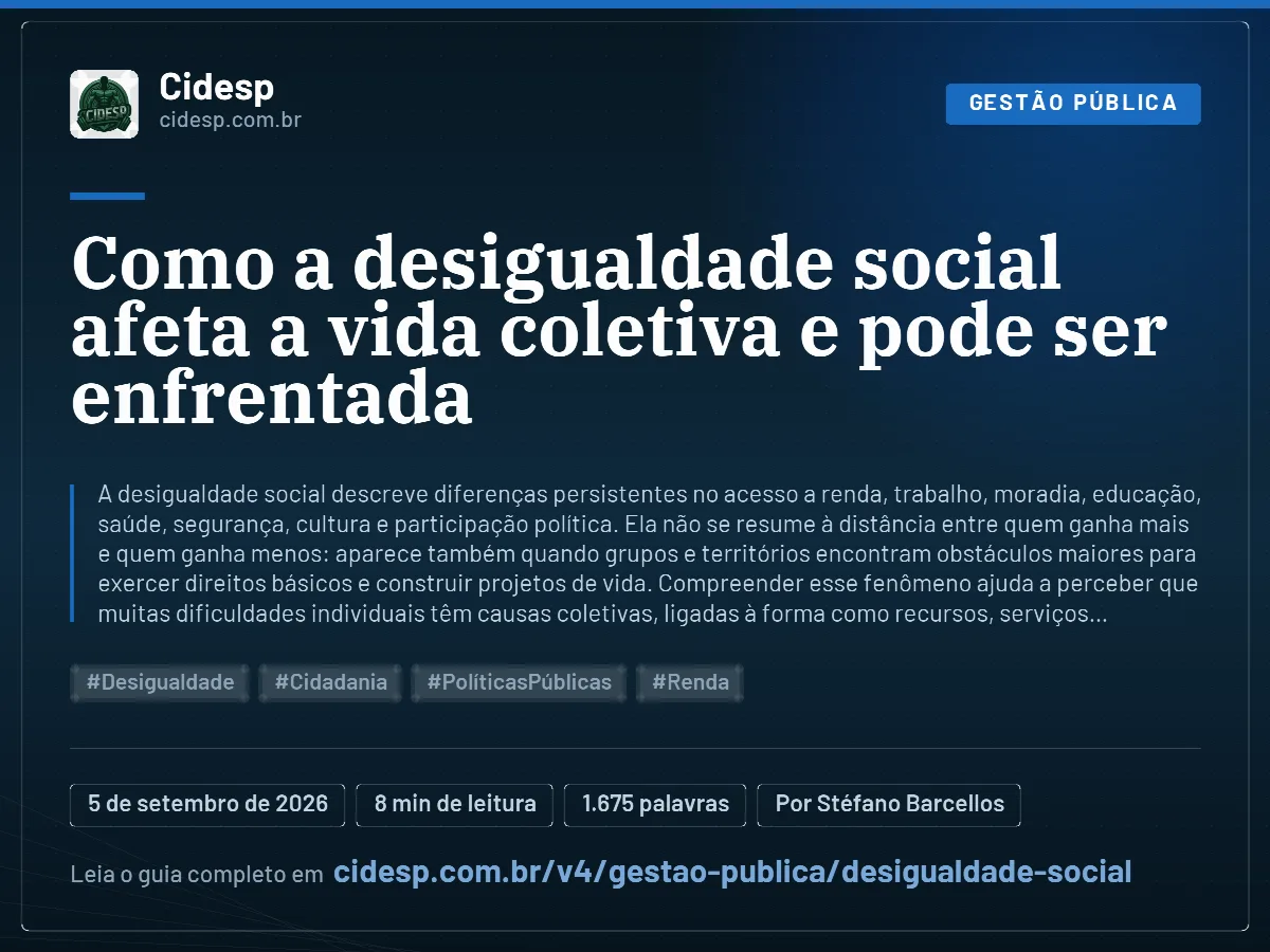 Cartão do artigo “Como a desigualdade social afeta a vida coletiva e pode ser enfrentada”, com resumo, data de publicação e endereço da página.