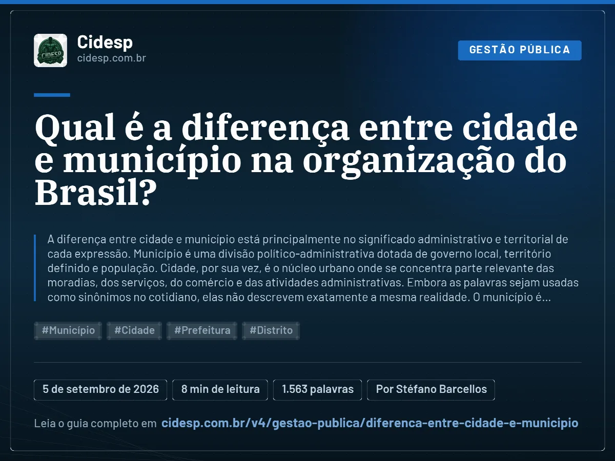 Cartão do artigo “Qual é a diferença entre cidade e município na organização do Brasil?”, com resumo, data de publicação e endereço da página.
