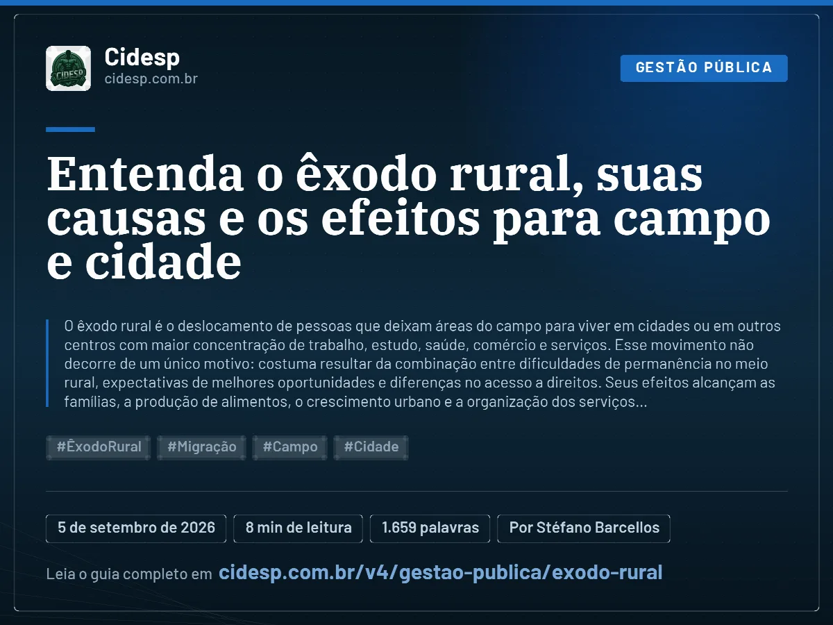 Cartão do artigo “Entenda o êxodo rural, suas causas e os efeitos para campo e cidade”, com resumo, data de publicação e endereço da página.