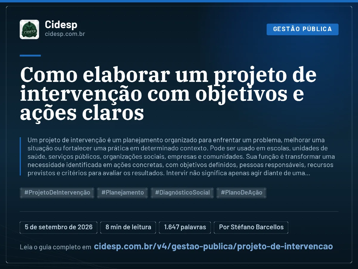 Cartão do artigo “Como elaborar um projeto de intervenção com objetivos e ações claros”, com resumo, data de publicação e endereço da página.