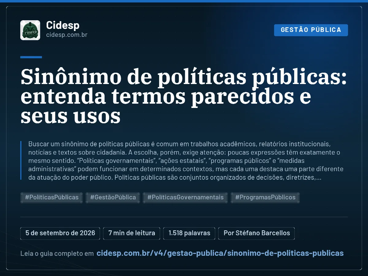 Cartão do artigo “Sinônimo de políticas públicas: entenda termos parecidos e seus usos”, com resumo, data de publicação e endereço da página.