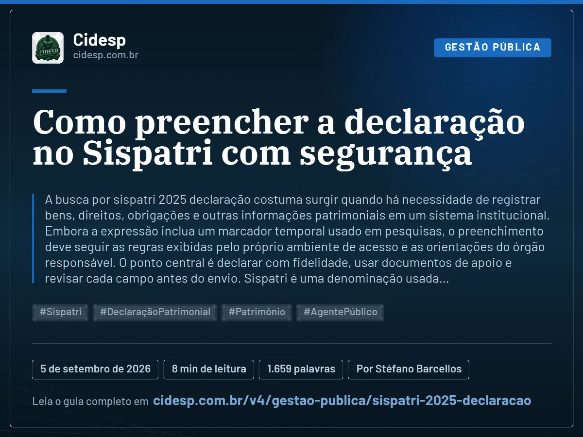 Cartão do artigo “Como preencher a declaração no Sispatri com segurança”, com resumo, data de publicação e endereço da página.