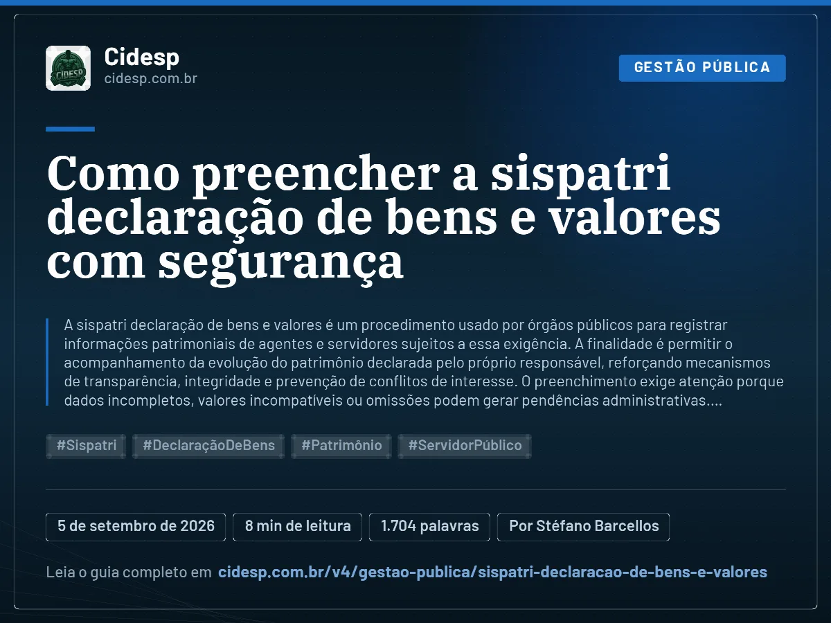 Cartão do artigo “Como preencher a sispatri declaração de bens e valores com segurança”, com resumo, data de publicação e endereço da página.