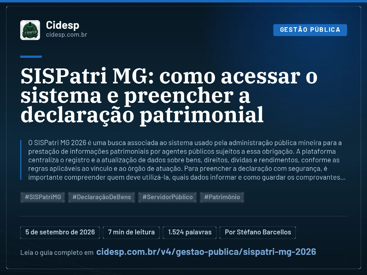 Cartão do artigo “SISPatri MG: como acessar o sistema e preencher a declaração patrimonial”, com resumo, data de publicação e endereço da página.