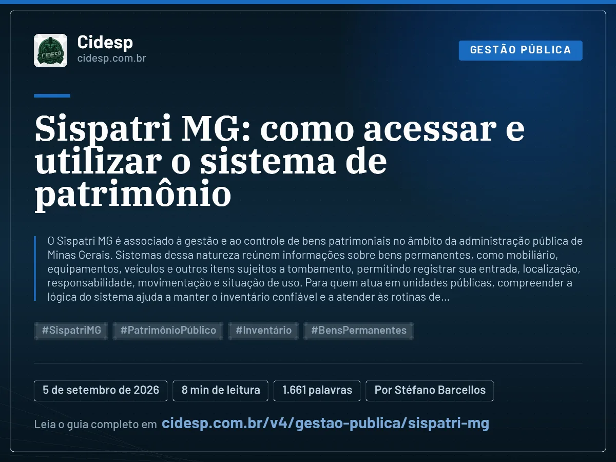 Cartão do artigo “Sispatri MG: como acessar e utilizar o sistema de patrimônio”, com resumo, data de publicação e endereço da página.