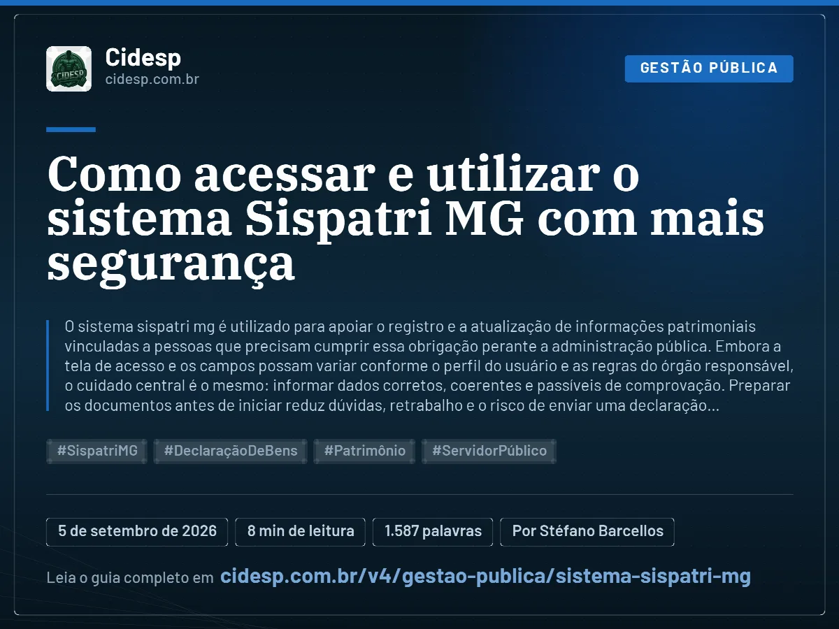 Cartão do artigo “Como acessar e utilizar o sistema Sispatri MG com mais segurança”, com resumo, data de publicação e endereço da página.
