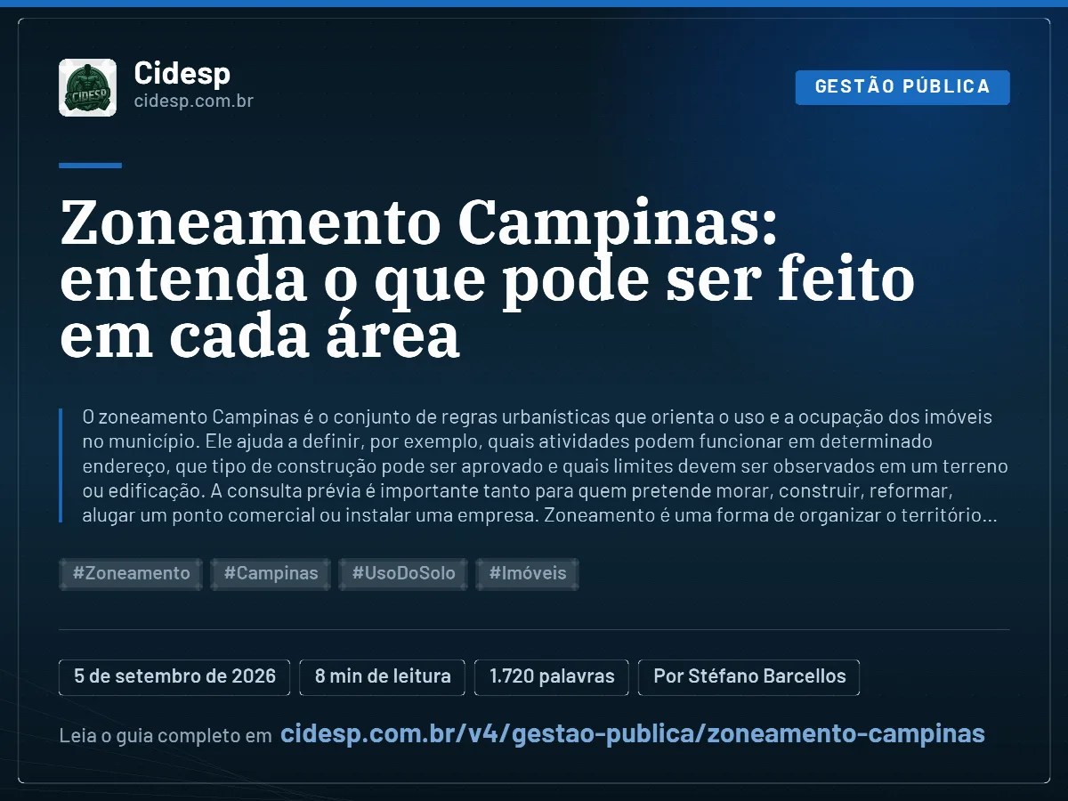 Cartão do artigo “Zoneamento Campinas: entenda o que pode ser feito em cada área”, com resumo, data de publicação e endereço da página.