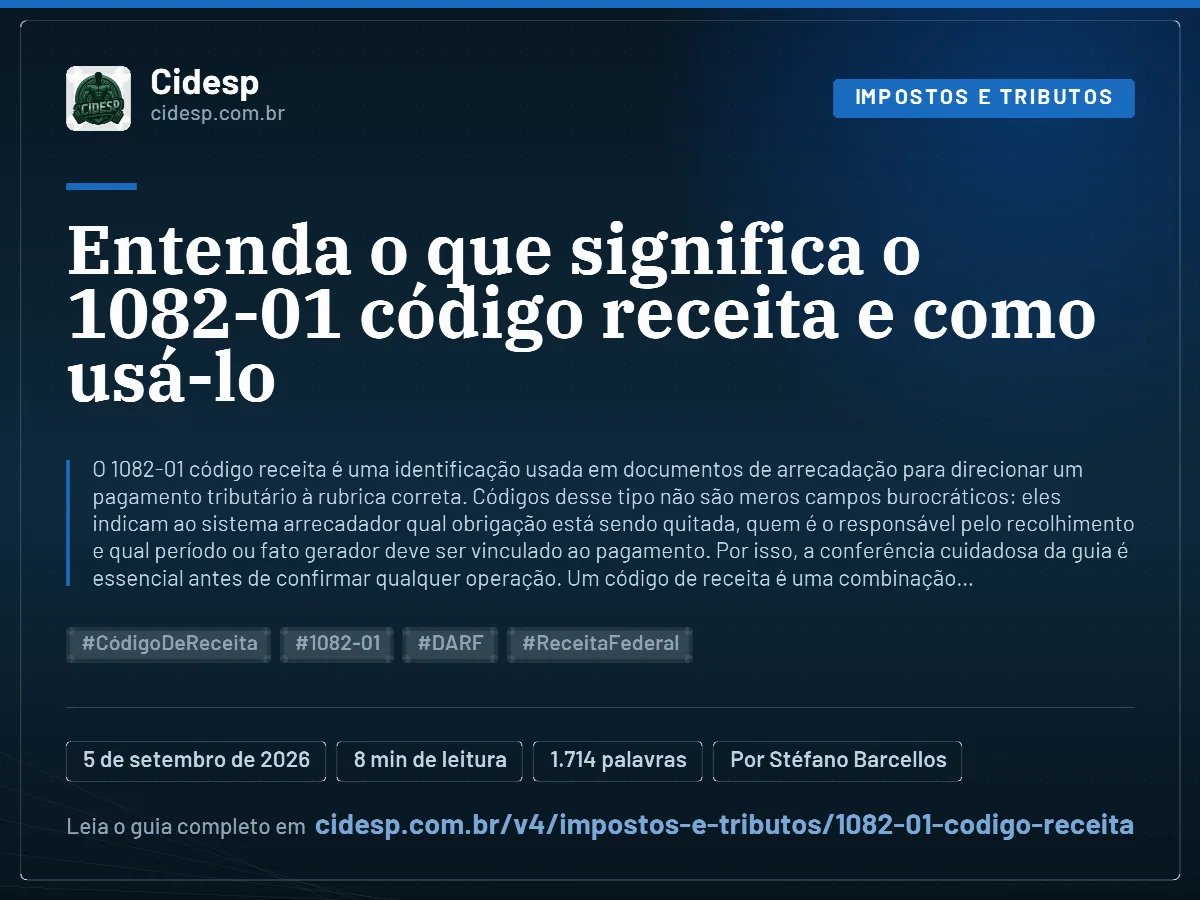Cartão do artigo “Entenda o que significa o 1082-01 código receita e como usá-lo”, com resumo, data de publicação e endereço da página.