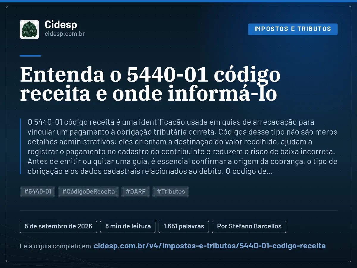 Cartão do artigo “Entenda o 5440-01 código receita e onde informá-lo”, com resumo, data de publicação e endereço da página.