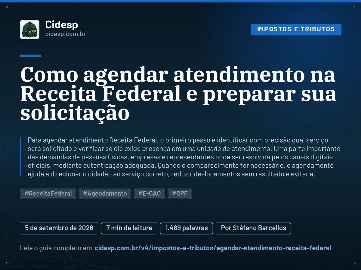 Cartão do artigo “Como agendar atendimento na Receita Federal e preparar sua solicitação”, com resumo, data de publicação e endereço da página.