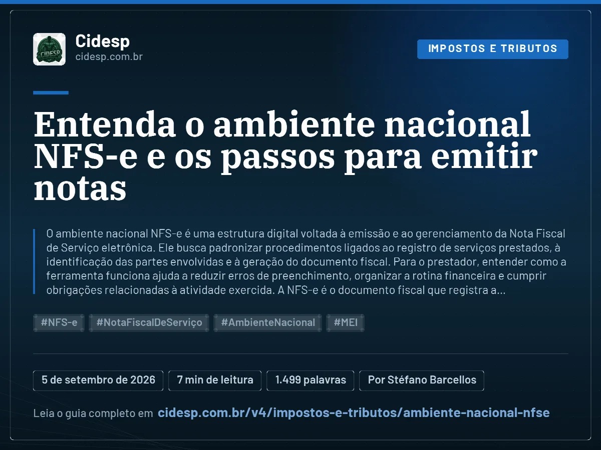 Cartão do artigo “Entenda o ambiente nacional NFS-e e os passos para emitir notas”, com resumo, data de publicação e endereço da página.