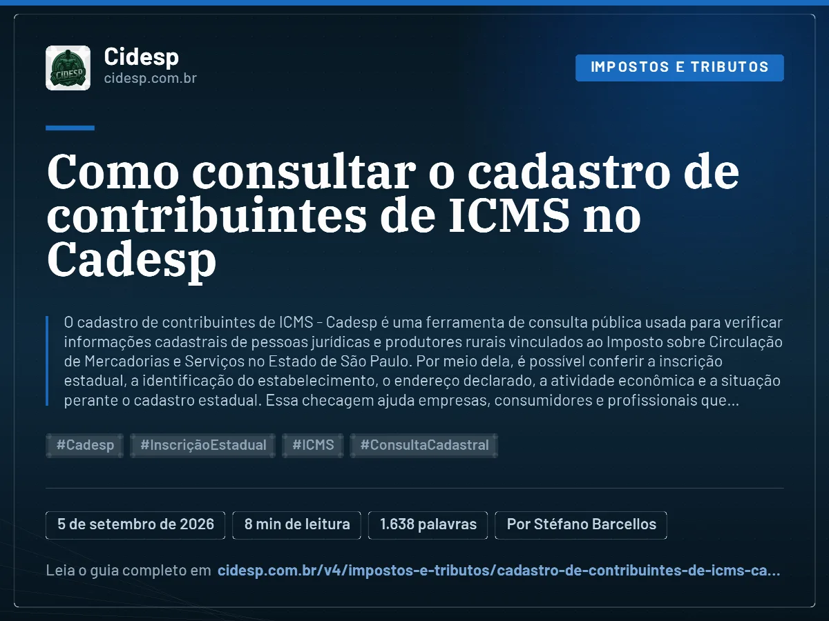 Cartão do artigo “Como consultar o cadastro de contribuintes de ICMS no Cadesp”, com resumo, data de publicação e endereço da página.