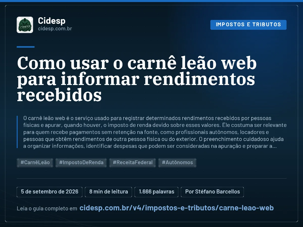 Cartão do artigo “Como usar o carnê leão web para informar rendimentos recebidos”, com resumo, data de publicação e endereço da página.