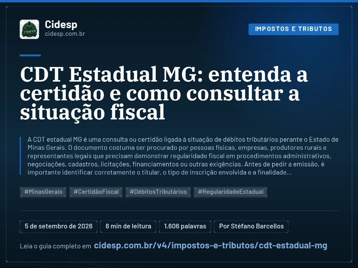 Cartão do artigo “CDT Estadual MG: entenda a certidão e como consultar a situação fiscal”, com resumo, data de publicação e endereço da página.