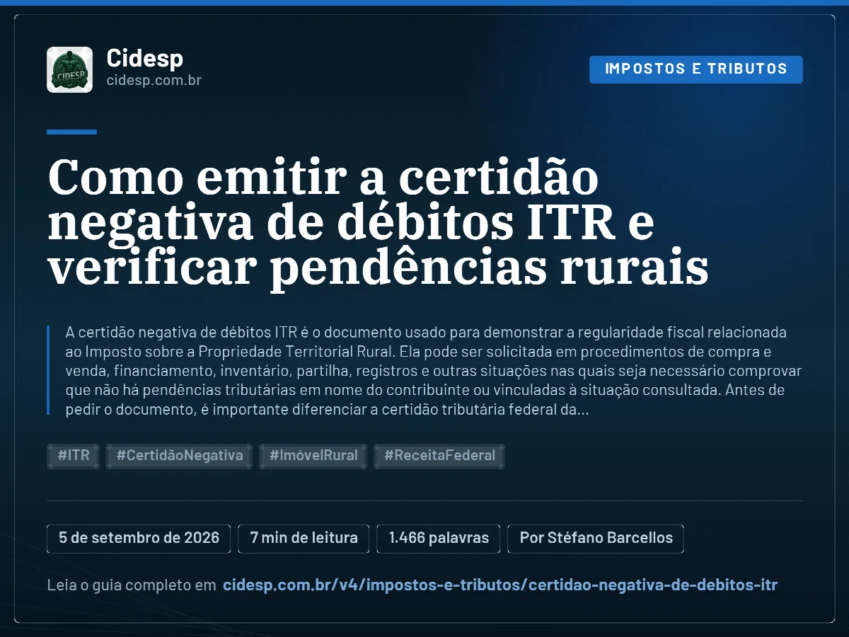 Cartão do artigo “Como emitir a certidão negativa de débitos ITR e verificar pendências rurais”, com resumo, data de publicação e endereço da página.