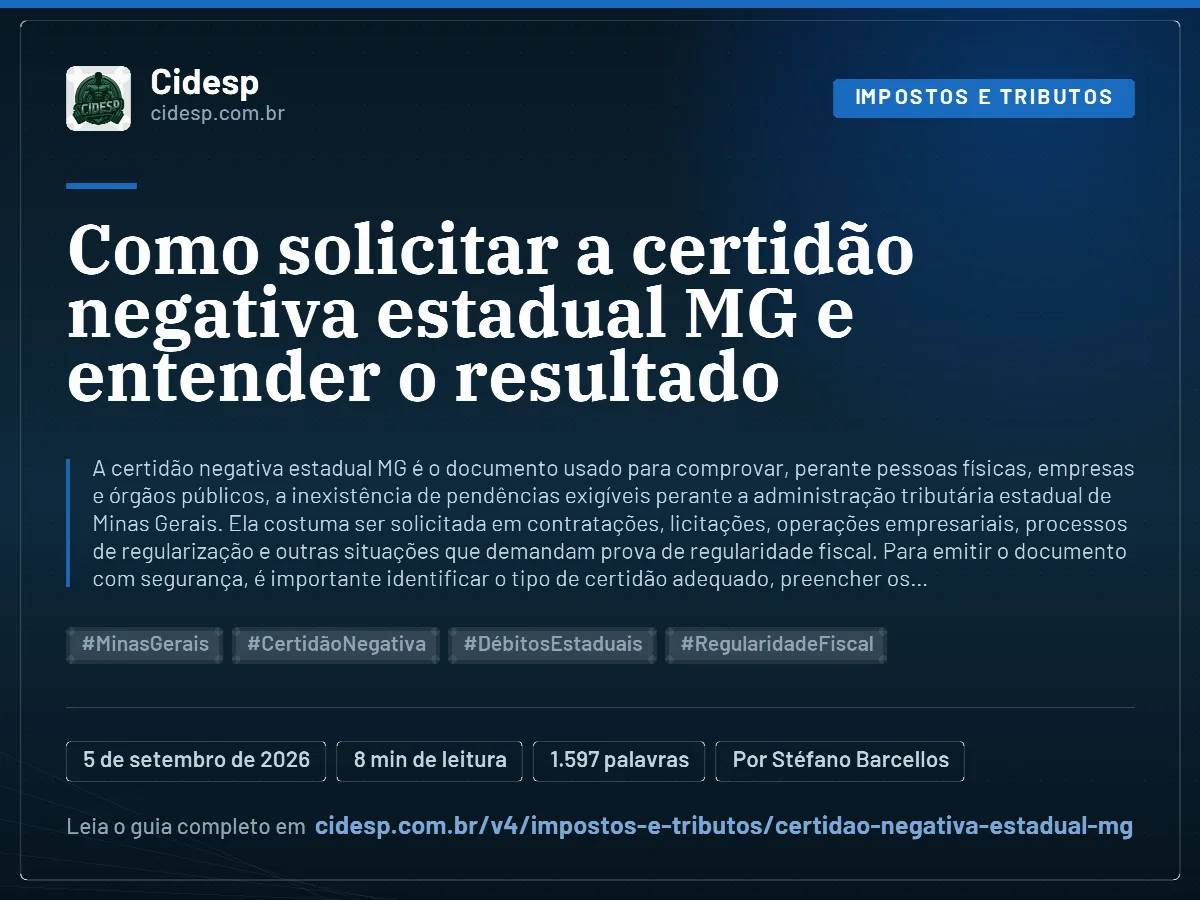 Cartão do artigo “Como solicitar a certidão negativa estadual MG e entender o resultado”, com resumo, data de publicação e endereço da página.