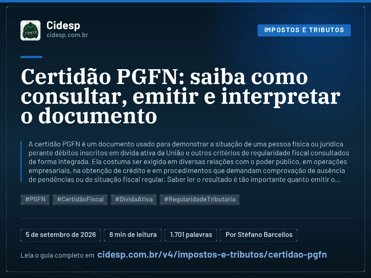 Cartão do artigo “Certidão PGFN: saiba como consultar, emitir e interpretar o documento”, com resumo, data de publicação e endereço da página.