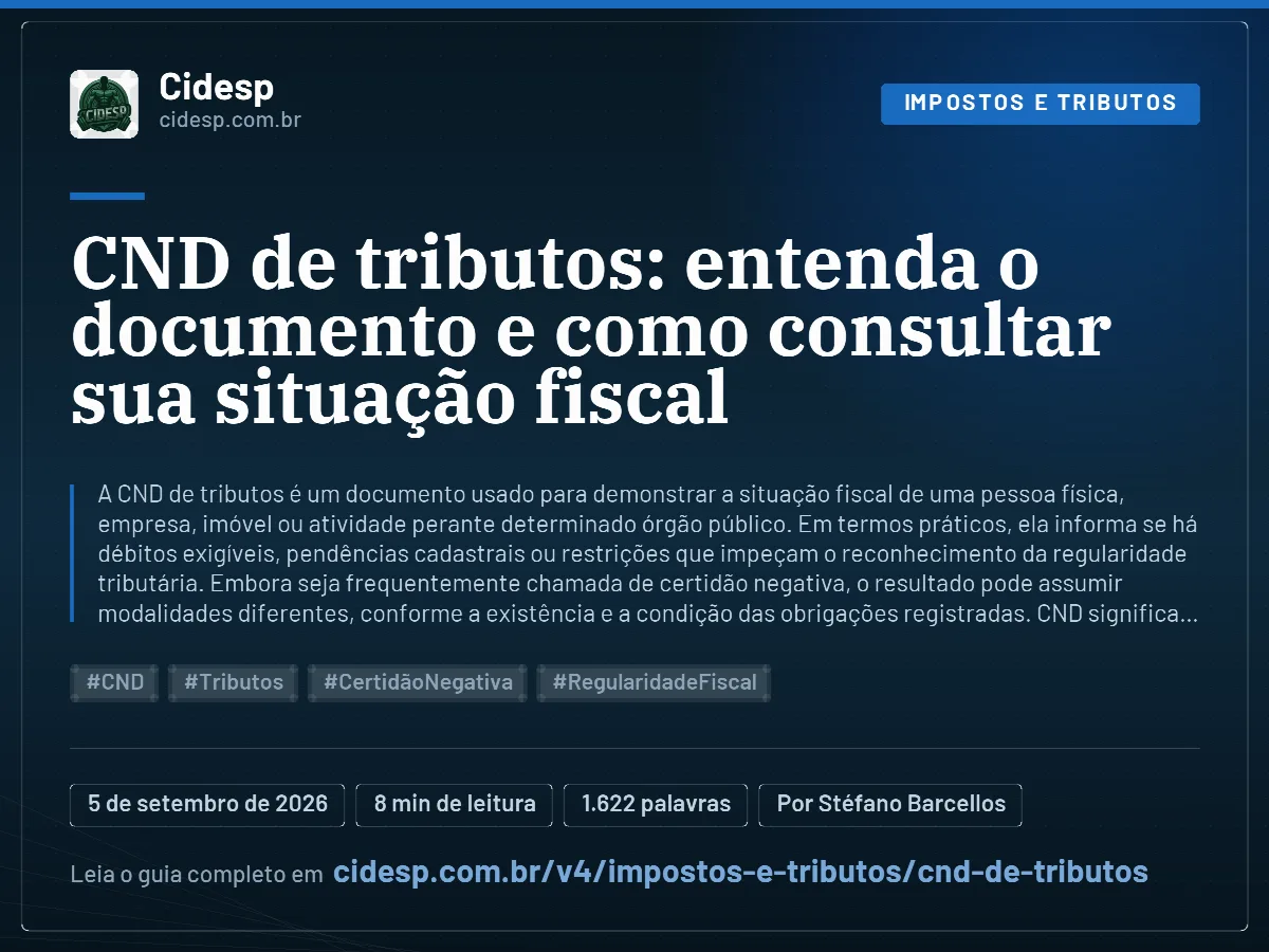 Cartão do artigo “CND de tributos: entenda o documento e como consultar sua situação fiscal”, com resumo, data de publicação e endereço da página.