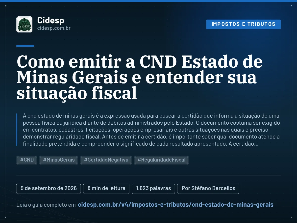 Cartão do artigo “Como emitir a CND Estado de Minas Gerais e entender sua situação fiscal”, com resumo, data de publicação e endereço da página.