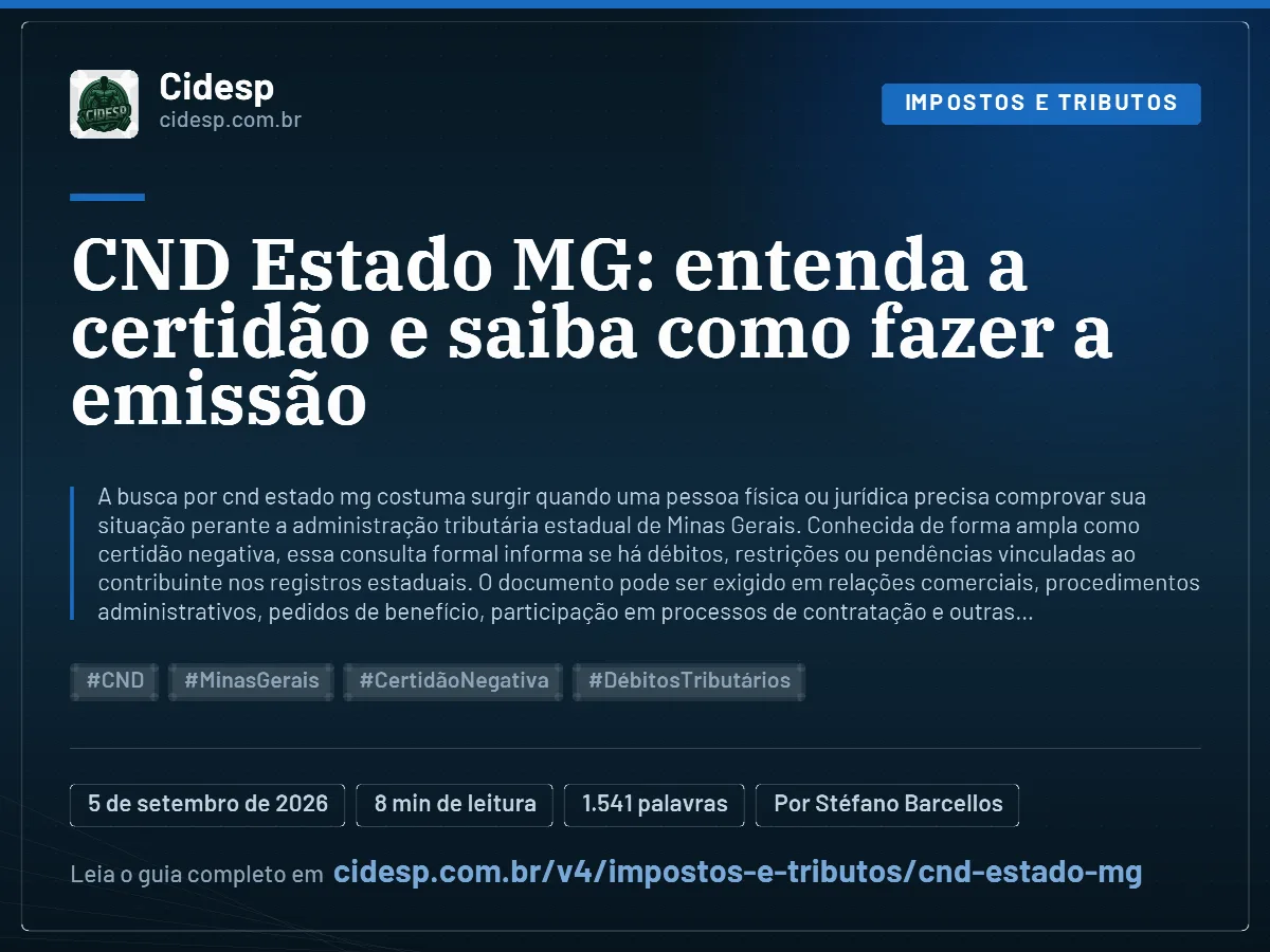 Cartão do artigo “CND Estado MG: entenda a certidão e saiba como fazer a emissão”, com resumo, data de publicação e endereço da página.