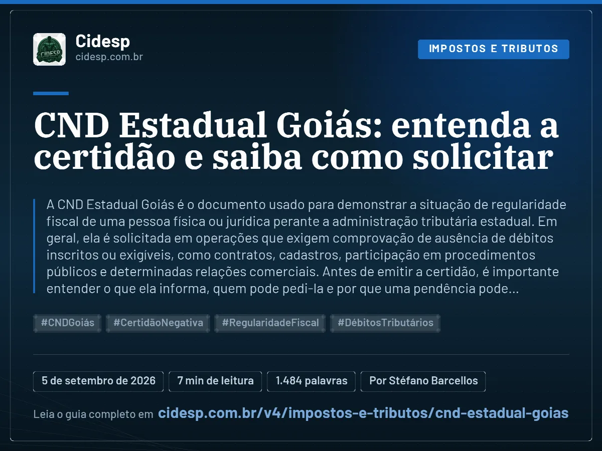 Cartão do artigo “CND Estadual Goiás: entenda a certidão e saiba como solicitar”, com resumo, data de publicação e endereço da página.