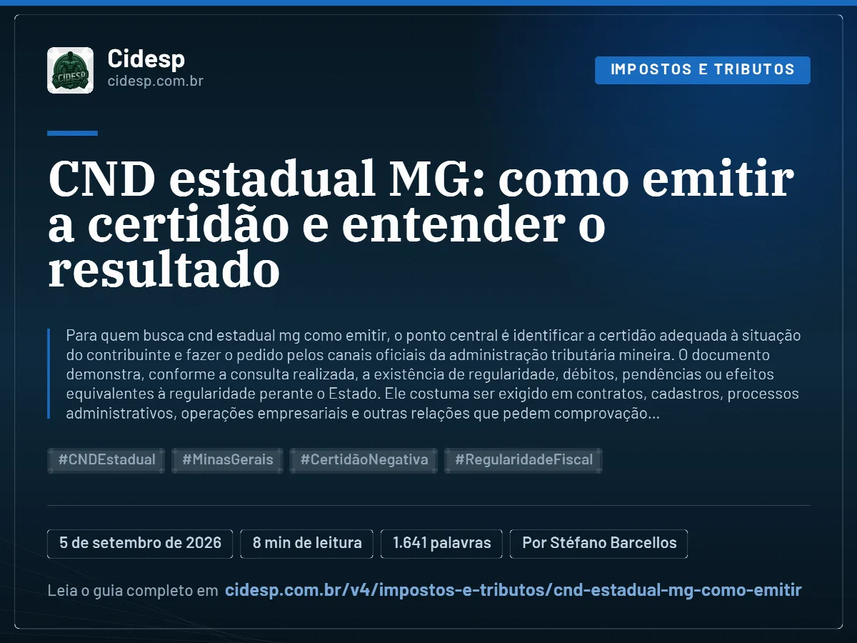 Cartão do artigo “CND estadual MG: como emitir a certidão e entender o resultado”, com resumo, data de publicação e endereço da página.