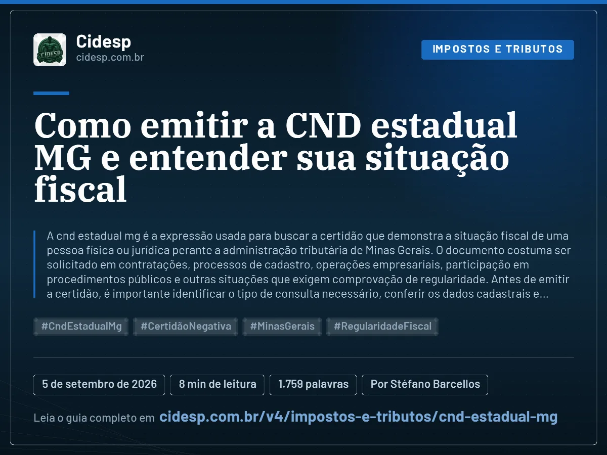 Cartão do artigo “Como emitir a CND estadual MG e entender sua situação fiscal”, com resumo, data de publicação e endereço da página.