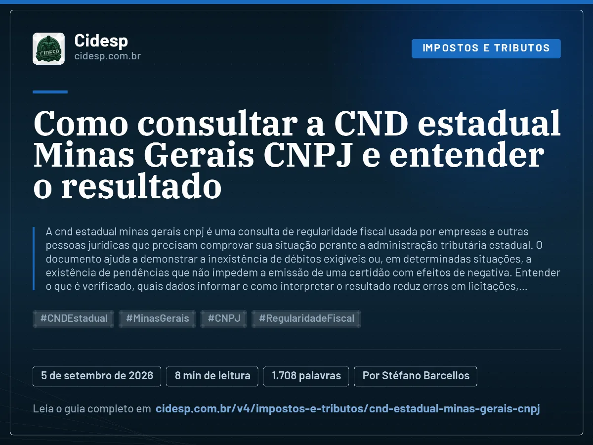 Cartão do artigo “Como consultar a CND estadual Minas Gerais CNPJ e entender o resultado”, com resumo, data de publicação e endereço da página.