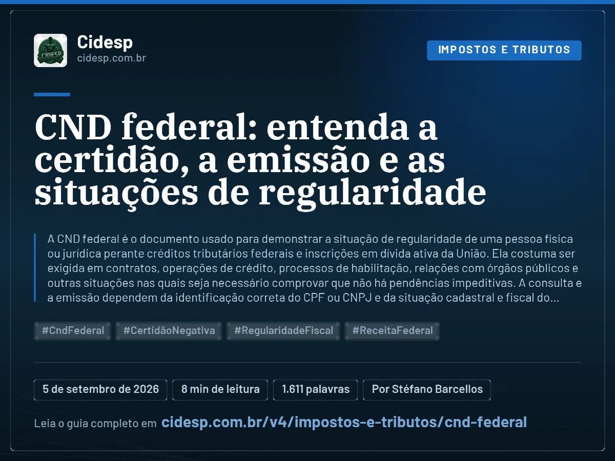 Cartão do artigo “CND federal: entenda a certidão, a emissão e as situações de regularidade”, com resumo, data de publicação e endereço da página.